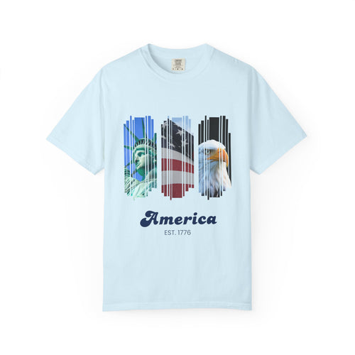 America Graphic T-Shirt — Statue of Liberty & Bald Eagle Patriotic Tee (Est. 1776)