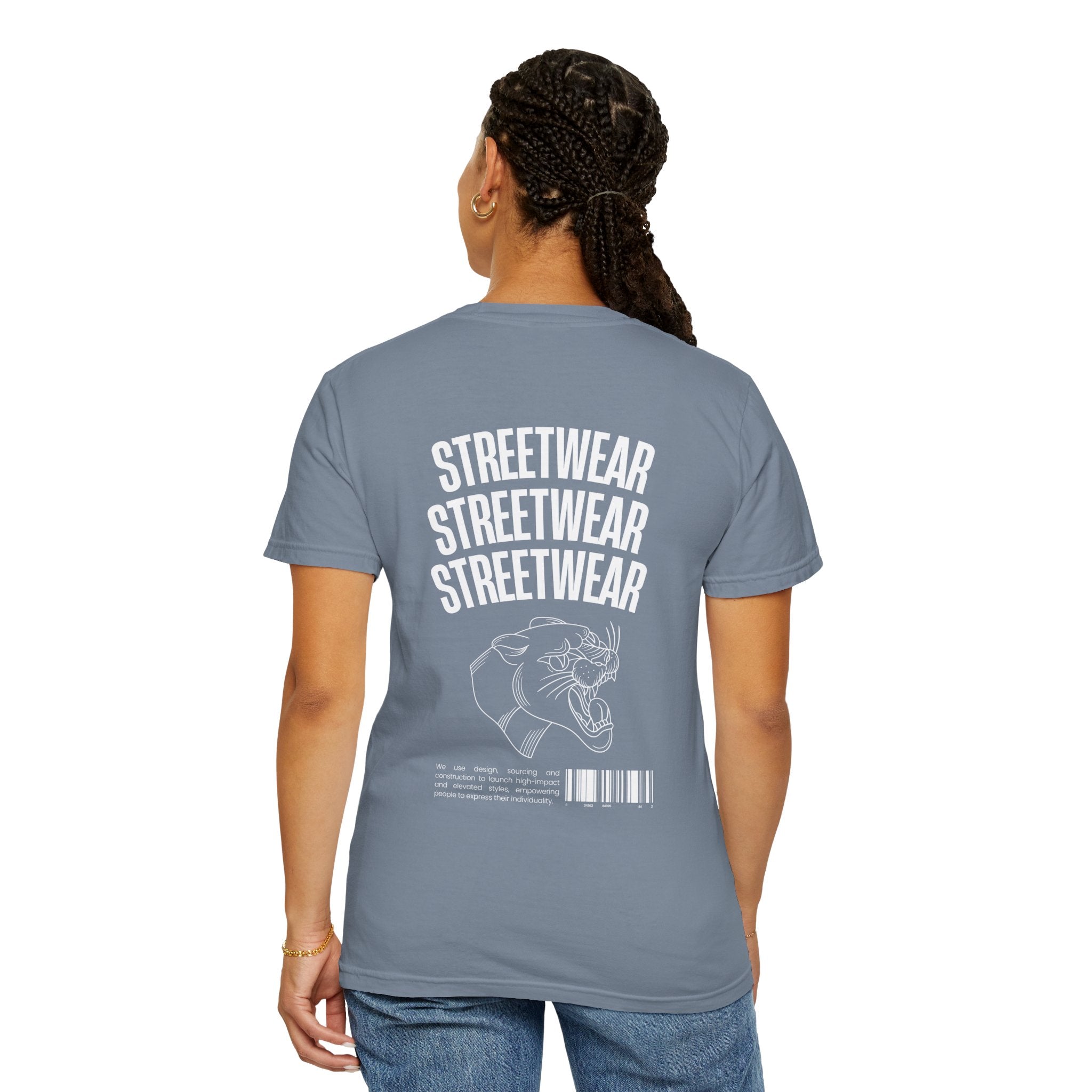 Streetwear Panther T‑Shirt — Graphic Garment-Dyed Tee with 'STREETWEAR' Text & Barcode