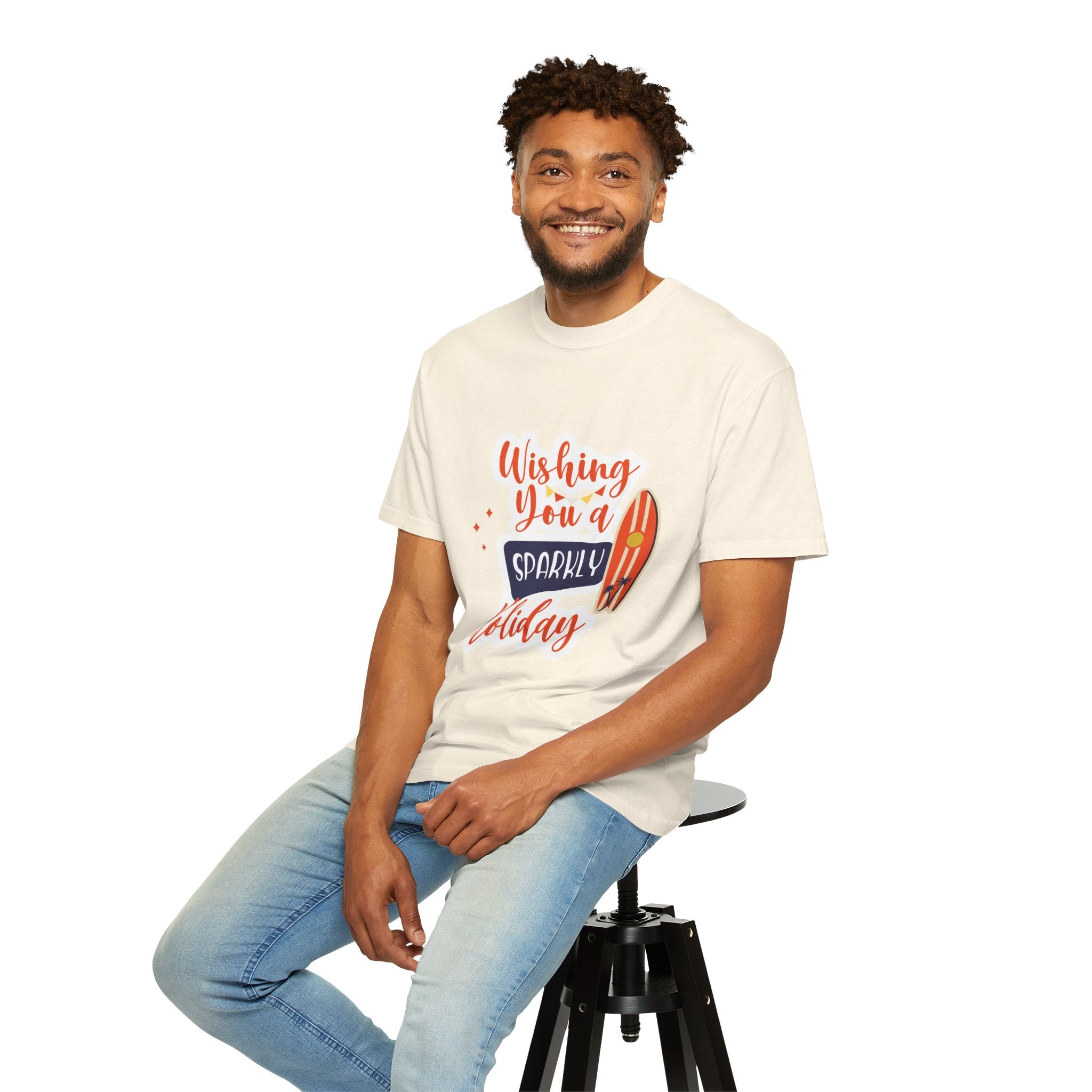 Holiday Surfboard T‑Shirt — "Wishing You a Sparkly Holiday" Beachy Christmas Tee