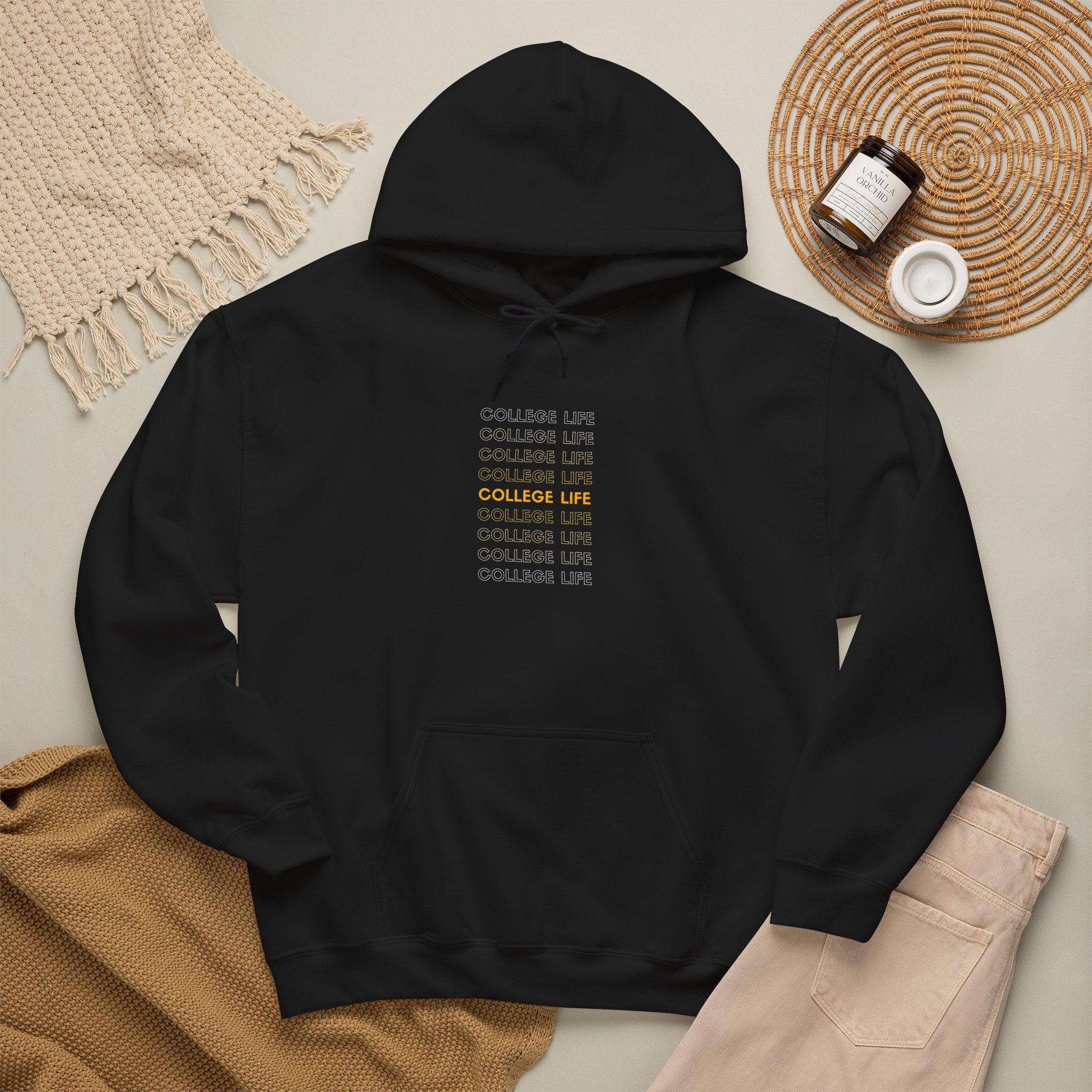 College Life Hoodie – Repeated Text Graphic Pullover