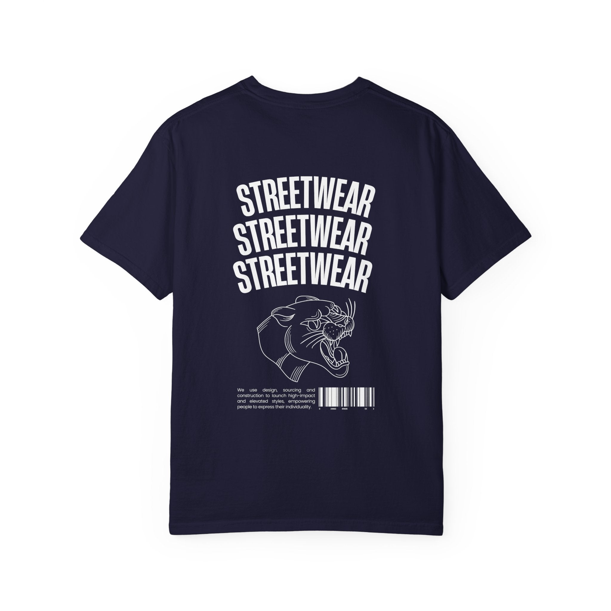 Streetwear Panther T‑Shirt — Graphic Garment-Dyed Tee with 'STREETWEAR' Text & Barcode