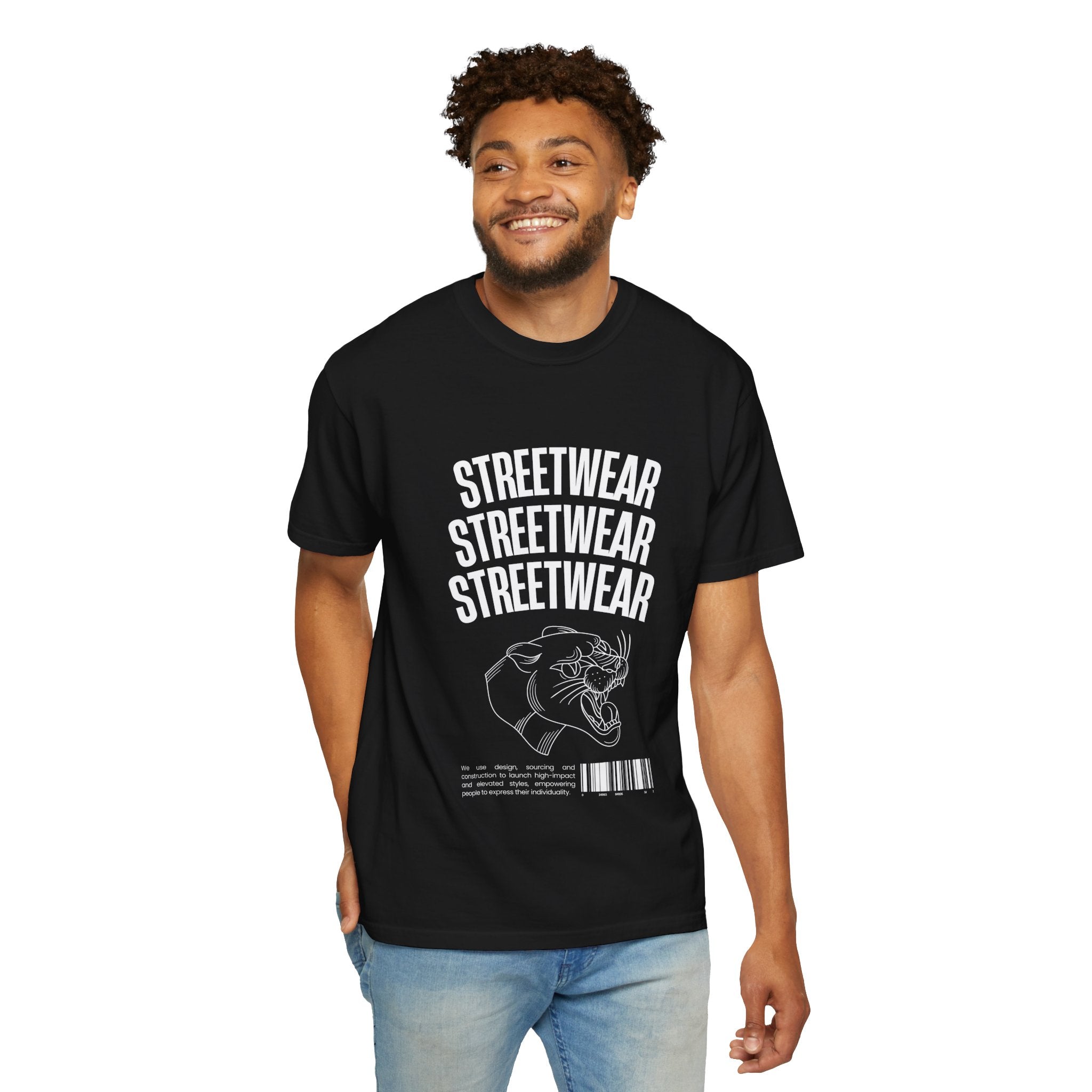 Streetwear Panther T‑Shirt — Graphic Garment-Dyed Tee with 'STREETWEAR' Text & Barcode