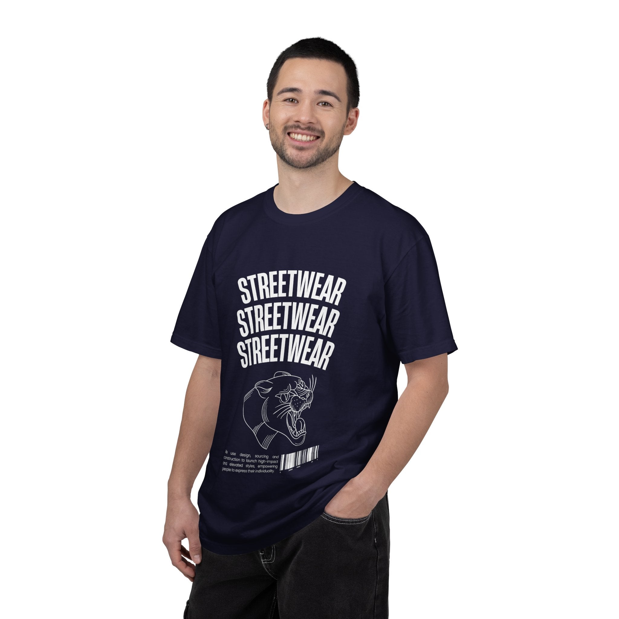 Streetwear Panther T‑Shirt — Graphic Garment-Dyed Tee with 'STREETWEAR' Text & Barcode