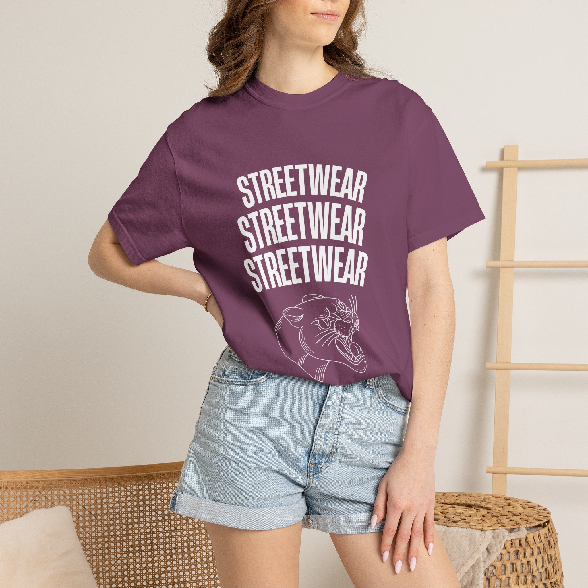 Streetwear Panther T‑Shirt — Graphic Garment-Dyed Tee with 'STREETWEAR' Text & Barcode