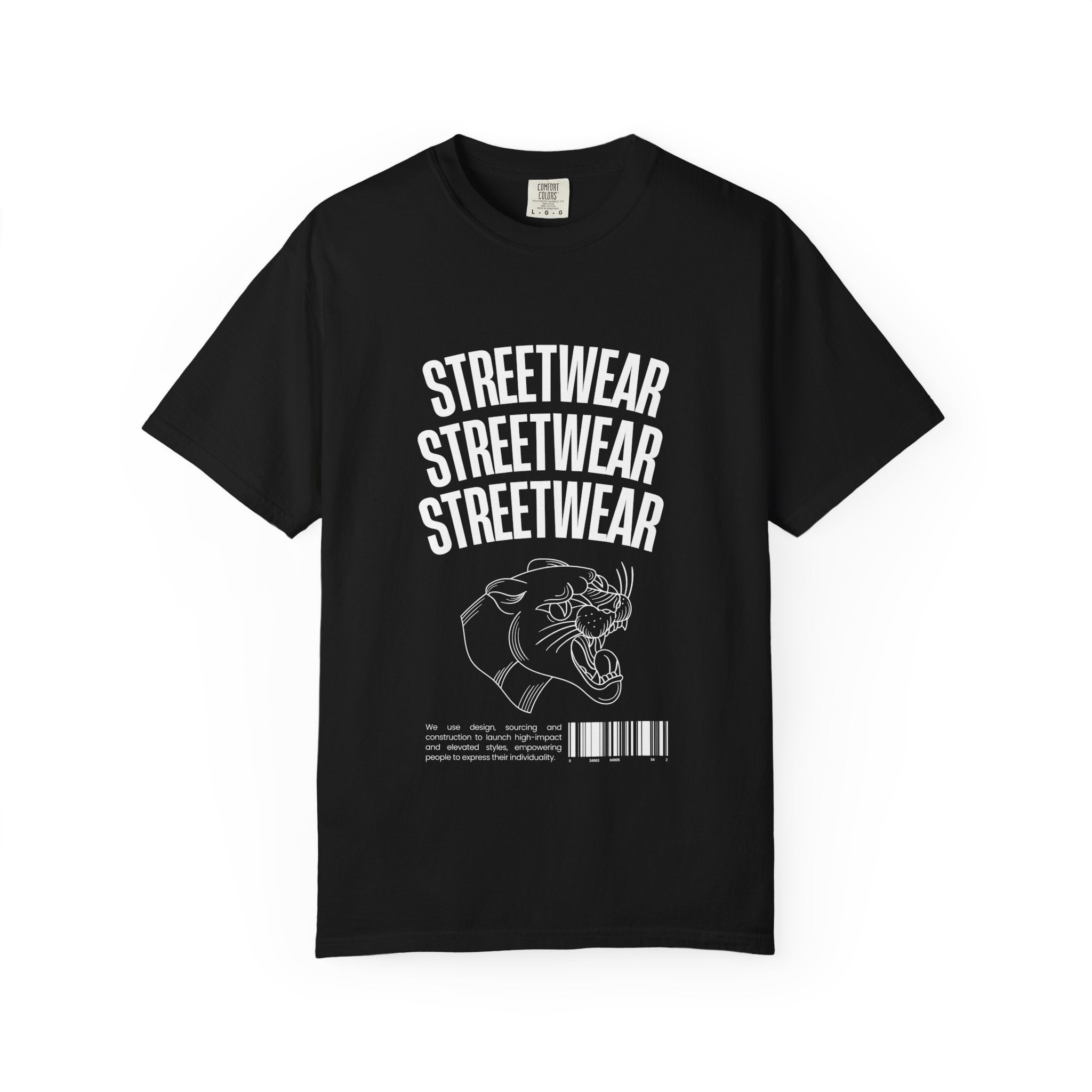 Streetwear Panther T‑Shirt — Graphic Garment-Dyed Tee with 'STREETWEAR' Text & Barcode